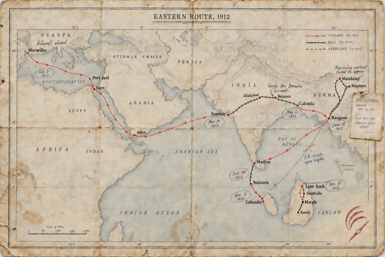 A 1912 expedition map tracing a route from Marseille through Egypt, India and Rangoon toward Ceylon, with Lion Rock annotated.