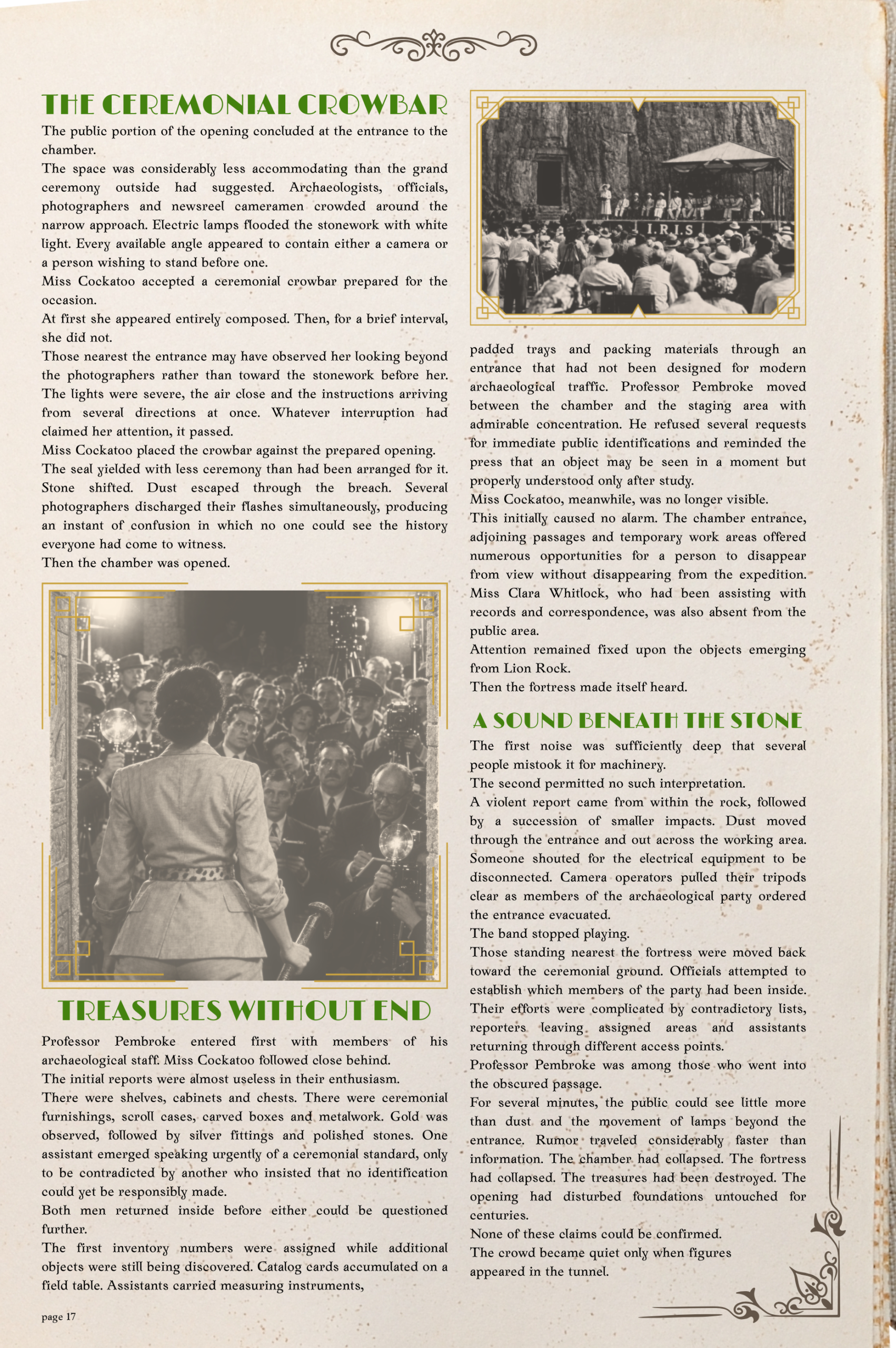 Page 17 of Vivian March’s Lion Rock report, describing the ceremonial opening and the sudden collapse.