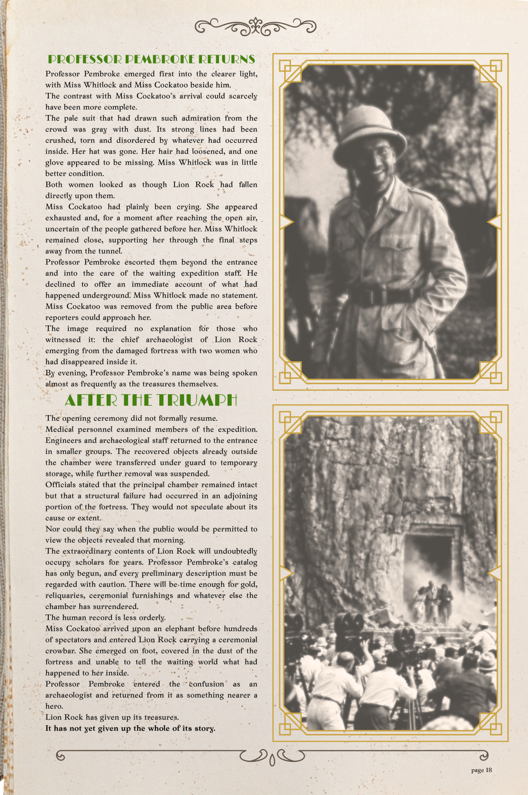 Page 18 of Vivian March’s Lion Rock report, describing the expedition party emerging after the collapse.