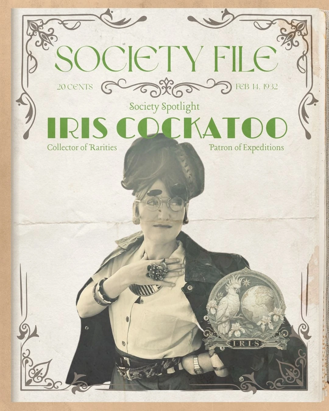 Society File cover featuring a portrait of Iris Cockatoo and the heading Society Spotlight.