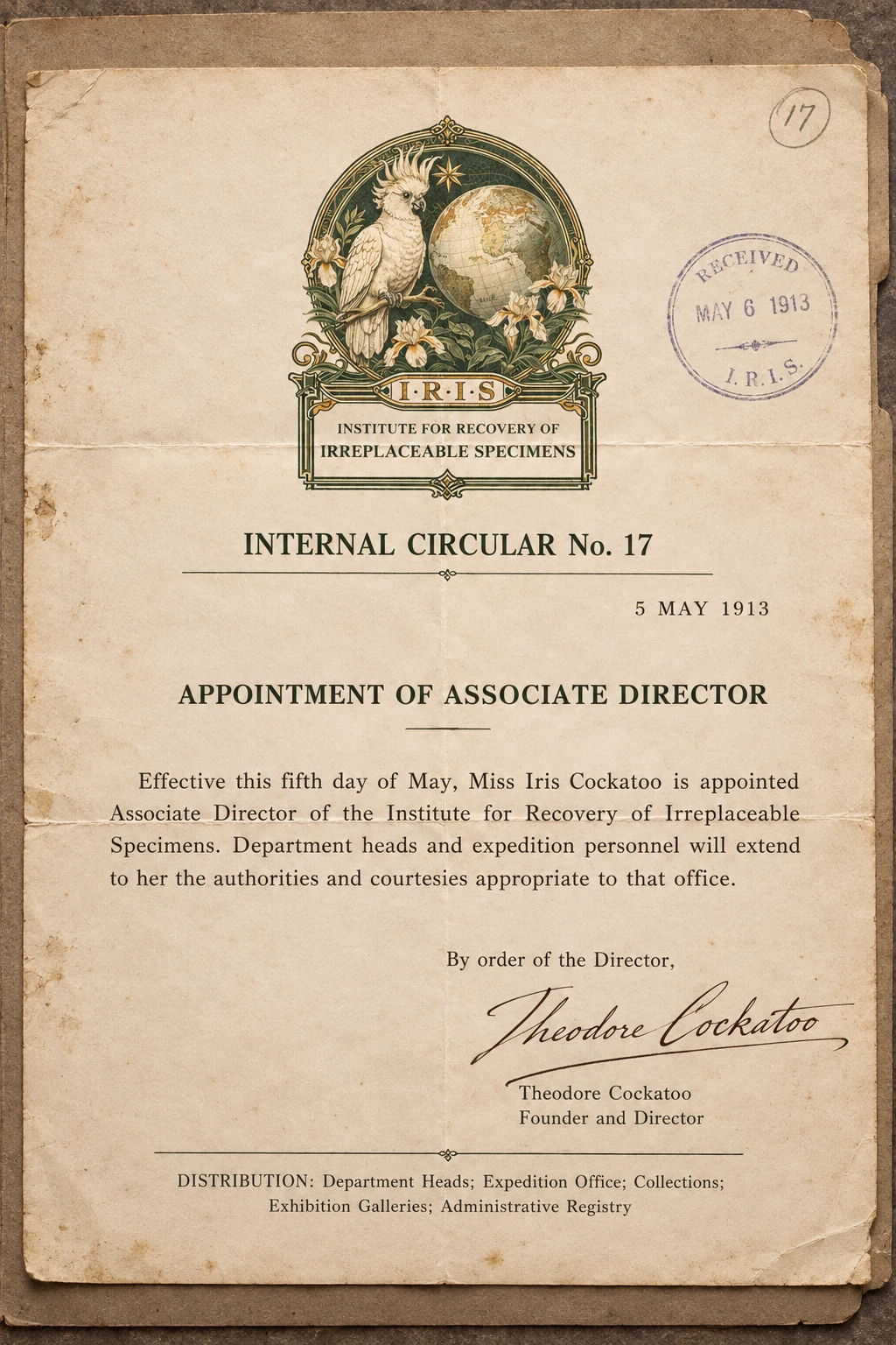 Internal Circular No. 17, dated 5 May 1913, appointing Iris Cockatoo Associate Director.