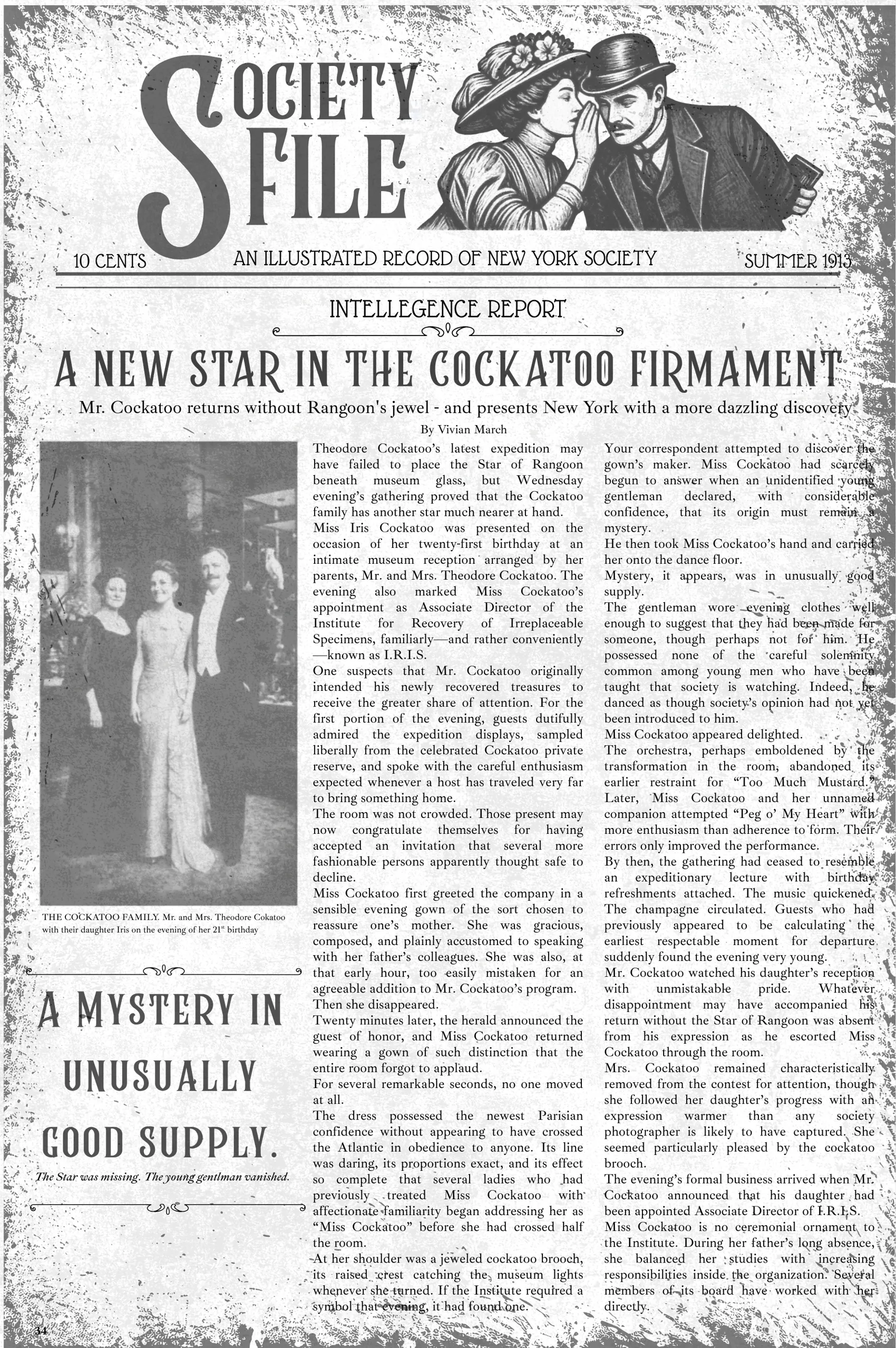 Society File, Summer 1913: the first page of A New Star in the Cockatoo Firmament, by Vivian March.