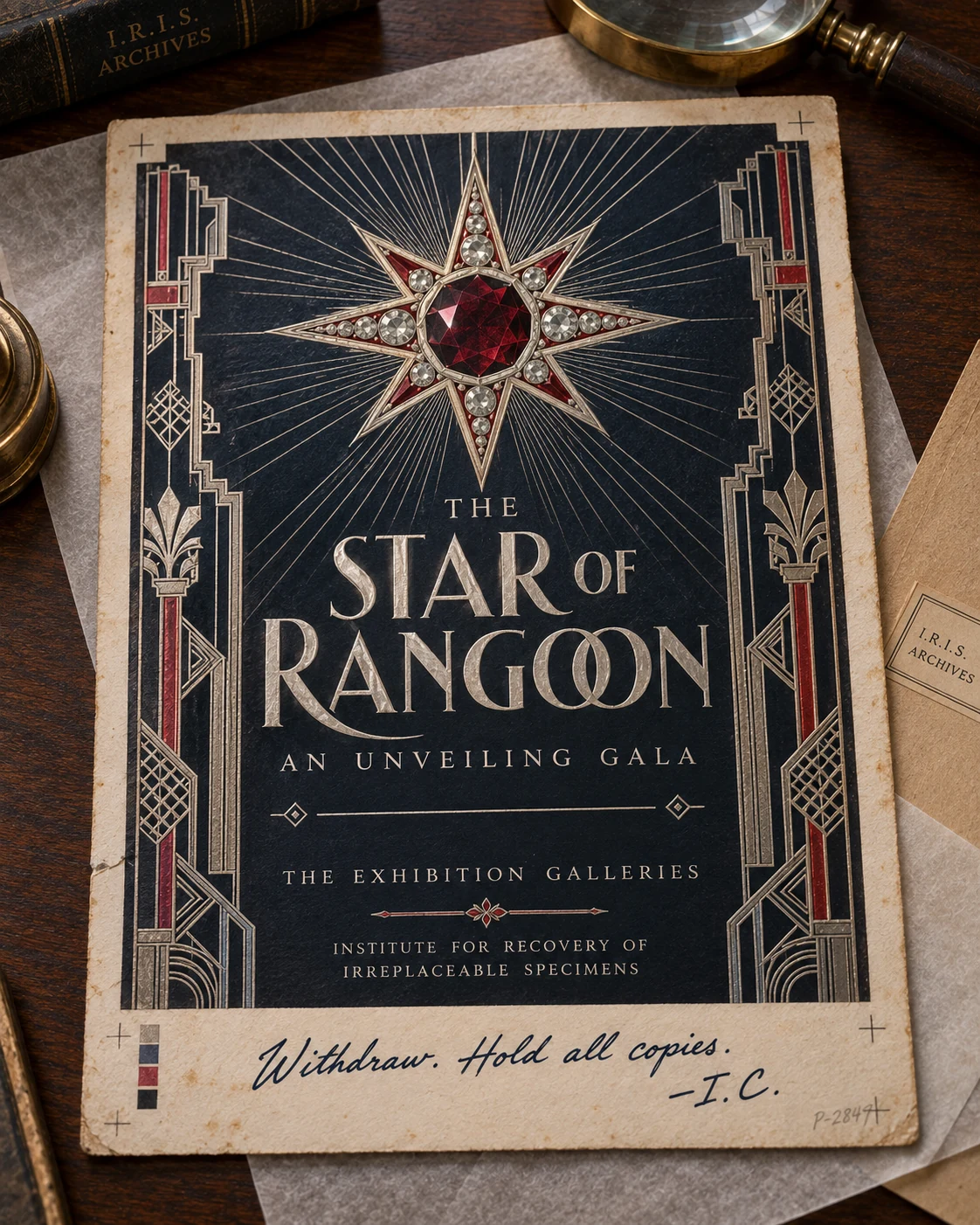 Art Deco Star of Rangoon unveiling gala invitation with handwritten instruction “Withdraw. Hold all copies. — I.C.”