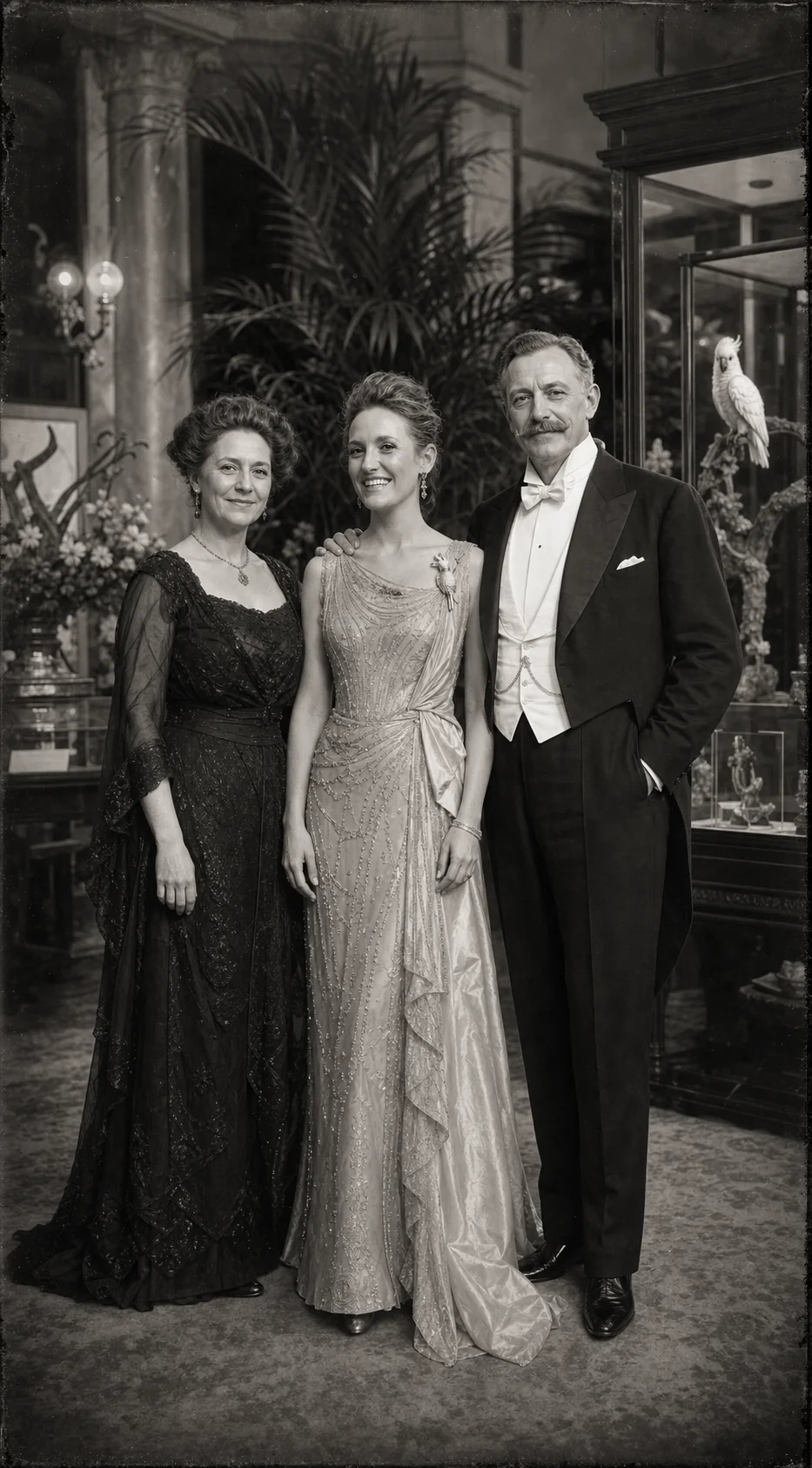Beatrice, Iris and Theodore Cockatoo standing together in evening dress, with a white cockatoo behind them.