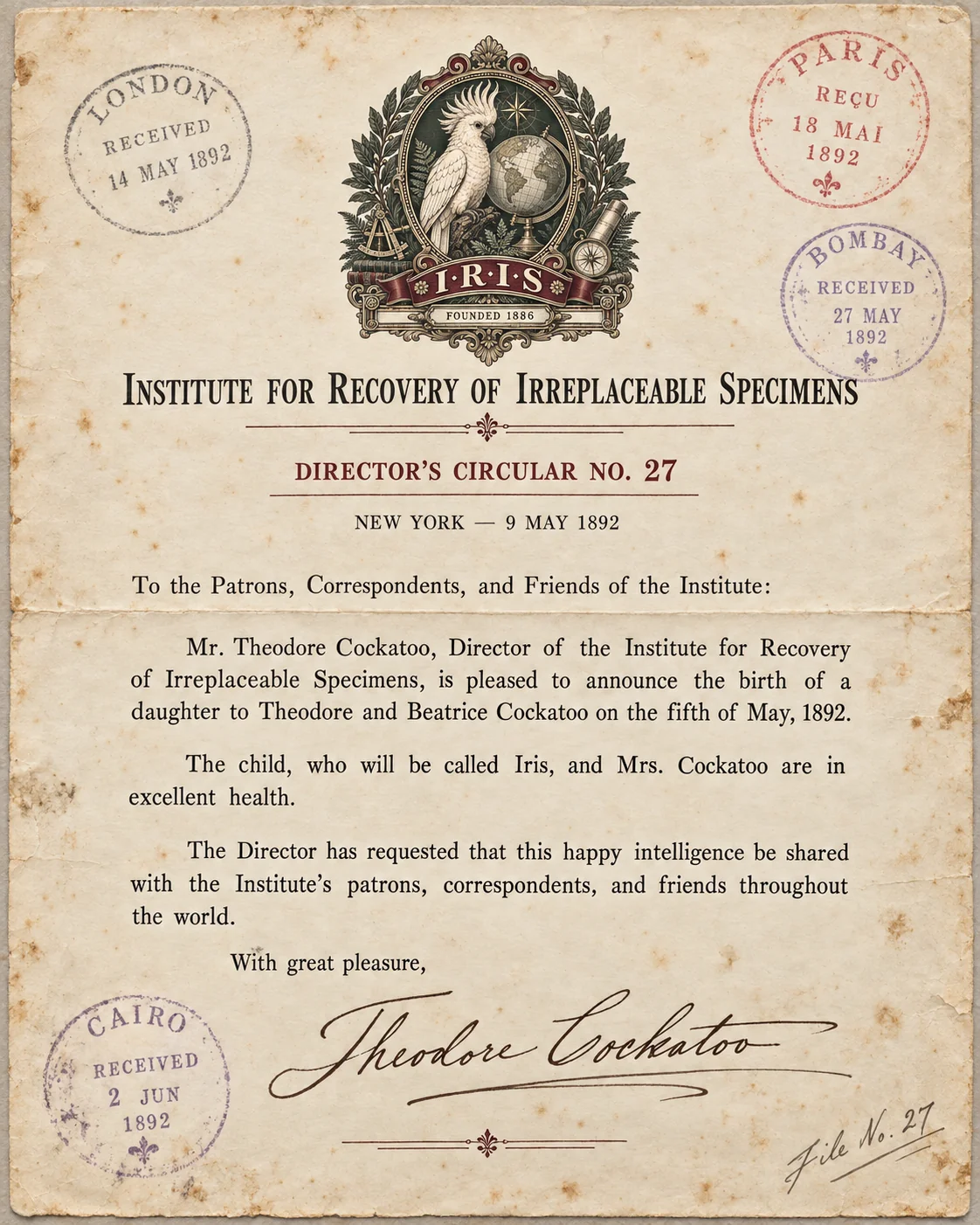 Director’s Circular No. 27, dated 9 May 1892, announcing Iris’s birth with Theodore’s signature and international receipt stamps.