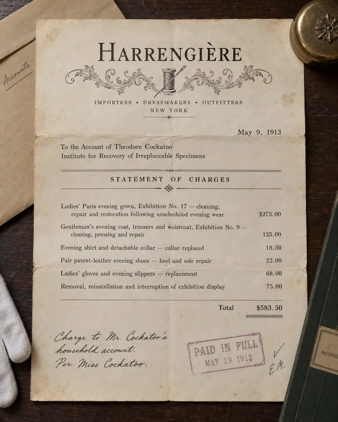 Harrengière Statement of Charges dated May 9, 1913, addressed to Theodore Cockatoo at I.R.I.S., with an itemized total of $583.50, a handwritten household-account instruction and a paid stamp.