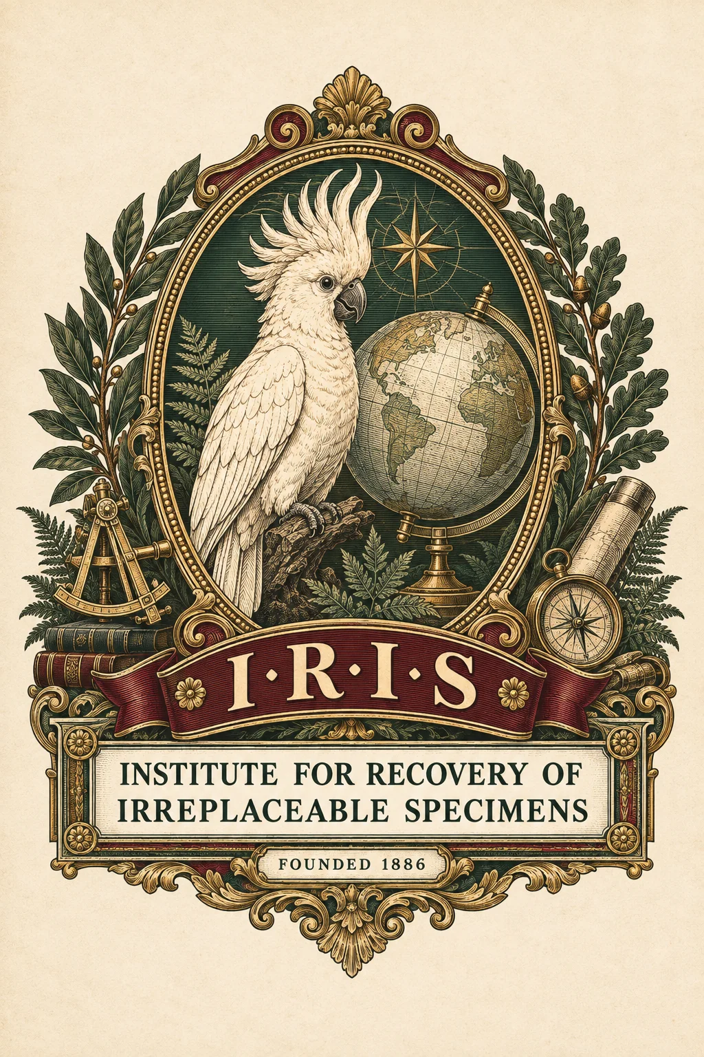 Original I.R.I.S. emblem with a cockatoo, globe, compass and the words Founded 1886.
