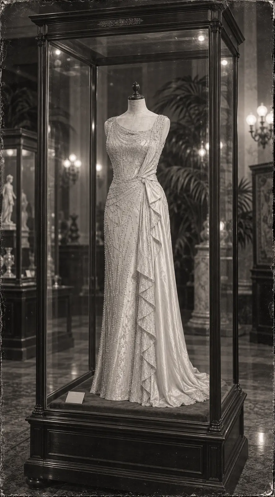 Black and white photograph of an embellished evening gown on a dress form inside a glass museum display case.
