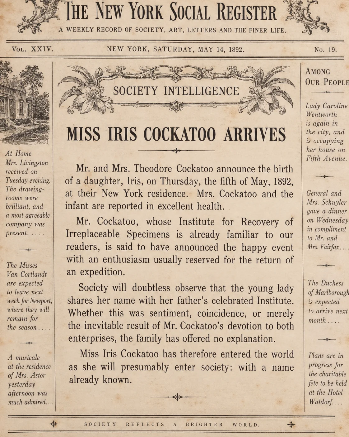 The New York Social Register of 14 May 1892, with the headline Miss Iris Cockatoo Arrives.