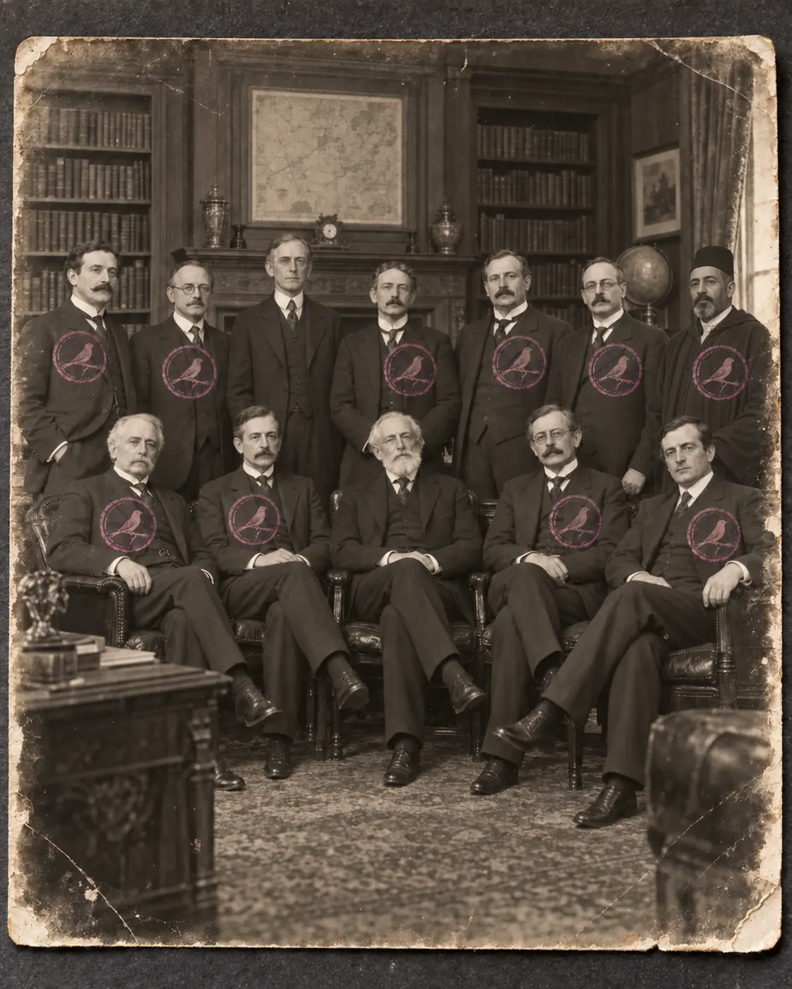 Worn sepia group photograph of men in a book-lined room, with circular bird marks over several figures.