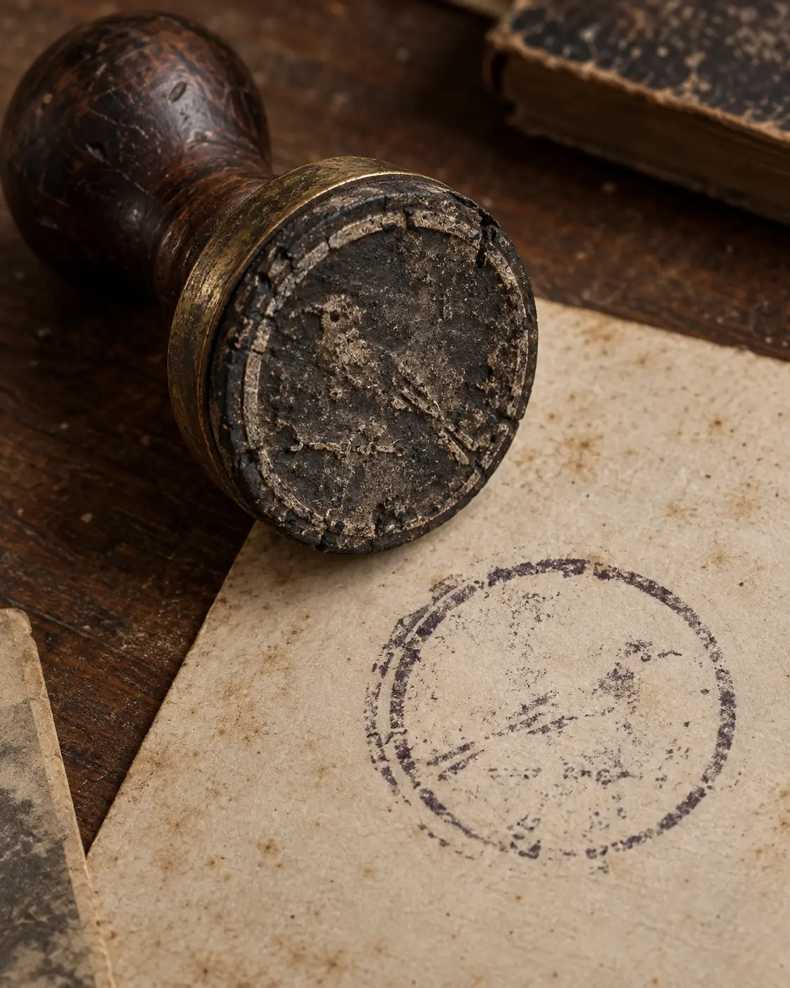 Close-up photograph of a worn wooden hand stamp beside a faint circular ink impression on aged paper.